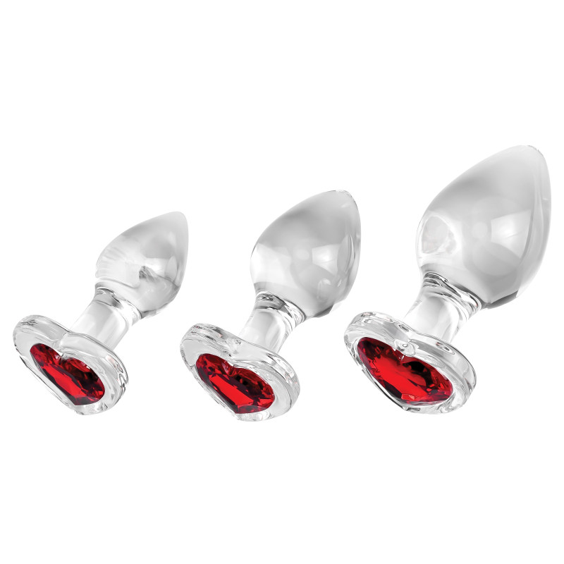 Adam & Eve Lot de 3 Plugs Bijou en verre Heart Gem Rouge